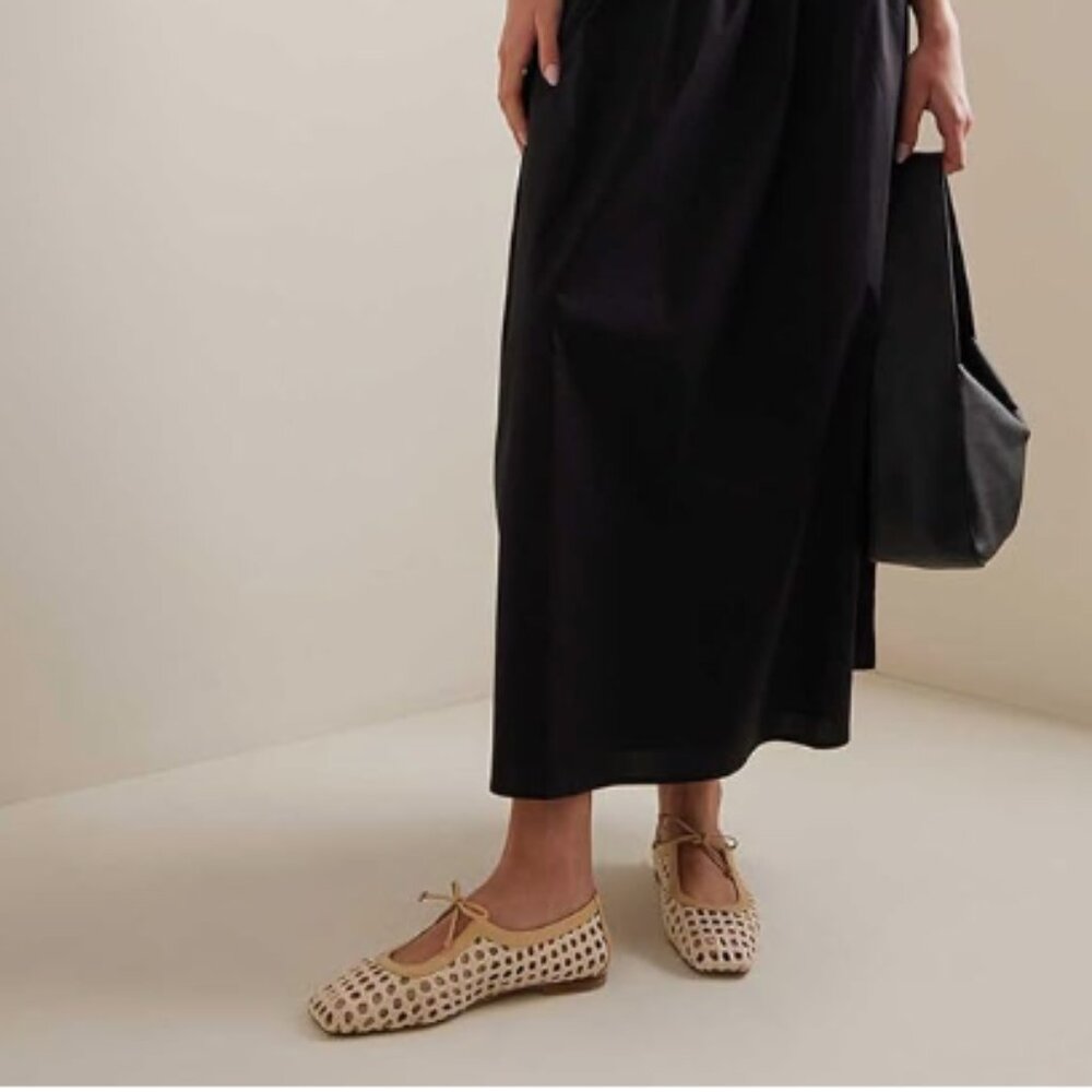 Pazzion Ivory Braided Bowt Square Toe Mary Jane Slip On Cutout Ballet Flat Shoe